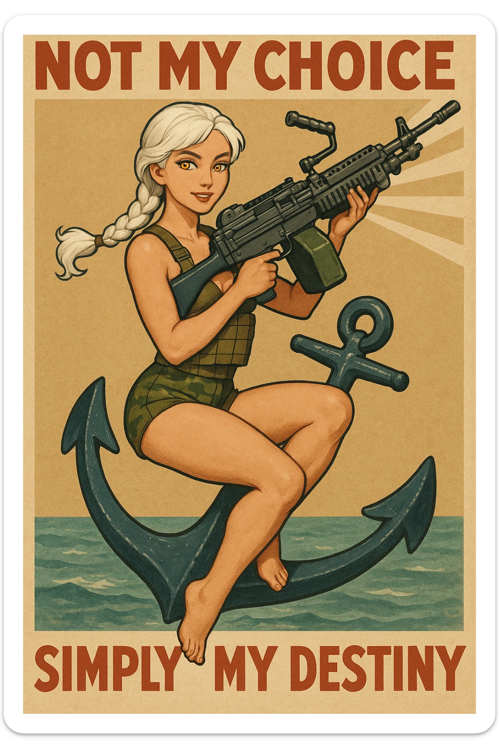 a retro military pinup " not my choice, simply my destiny "
; female figure young,gorgeous, white hair 1 braid, gold yellow eyes, riding side-saddle on a massive anchor , with a massive LMG 249,  wearing a swimsuit and bdu bottom with plate-carrier sticker