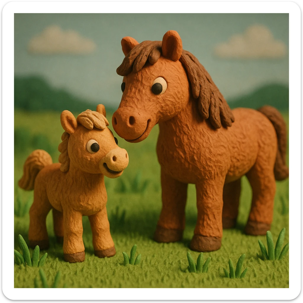 foal and mare together, cute and cheerful, detailed fur, in a grassy meadow, claymation style sticker