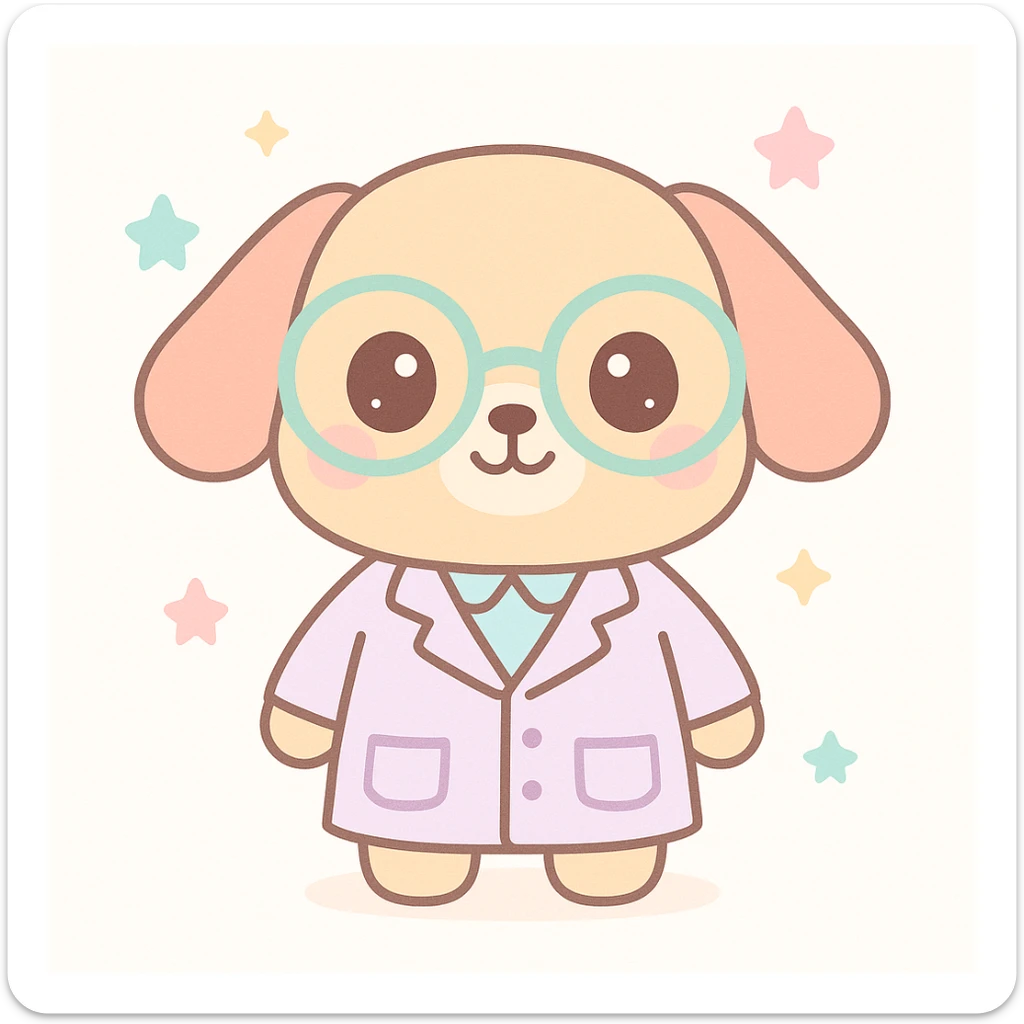 kawaii style scientist dog, wearing a lab coat and big glasses, pastel background sticker