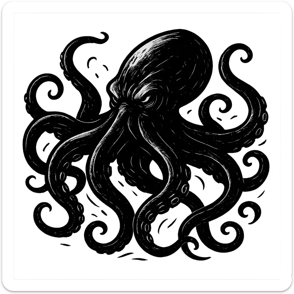black fierce kraken, bold and menacing, stylized as a dramatic sea monster, dynamic and detailed illustration sticker