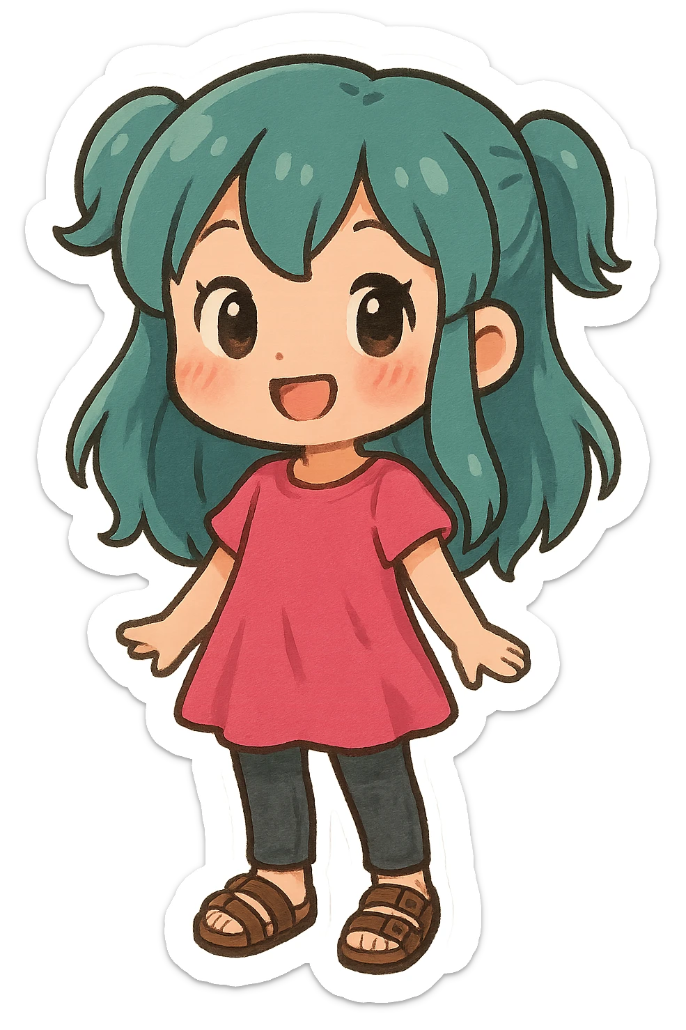 cute chibi style girl with teal hair, wearing a hot pink dress, black jeans, and brown birkenstocks sticker