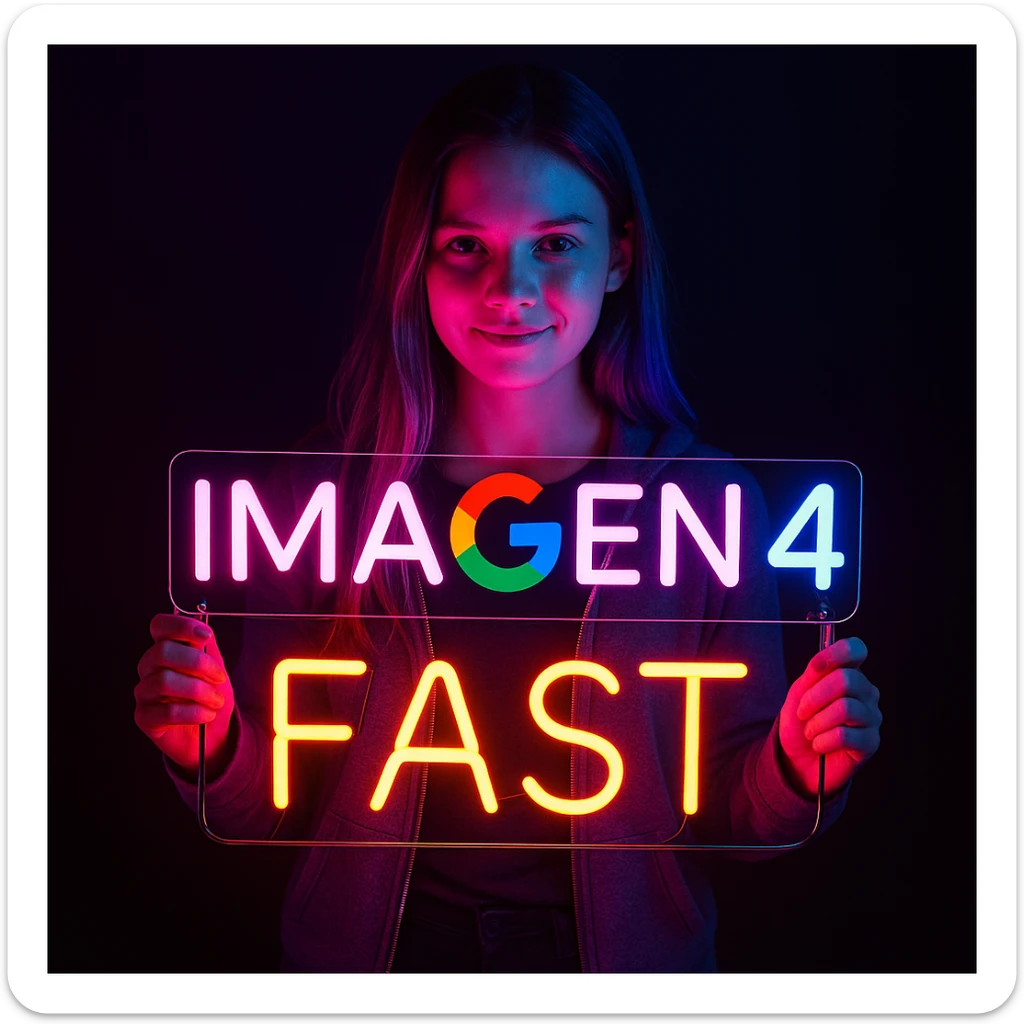 make a girl holding this sign, but sign in made of neon, also add fast below the sign sticker