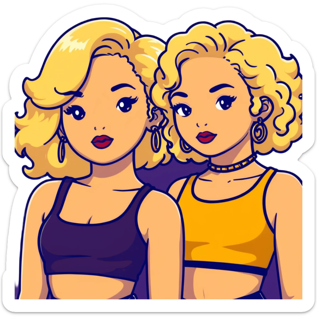 Two teenage girls together, one white with blonde hair and one brown-skinned with curly dark hair, both with heavy makeup, big lips, crop tops, gold jewelry and flashy choni style outfits sticker