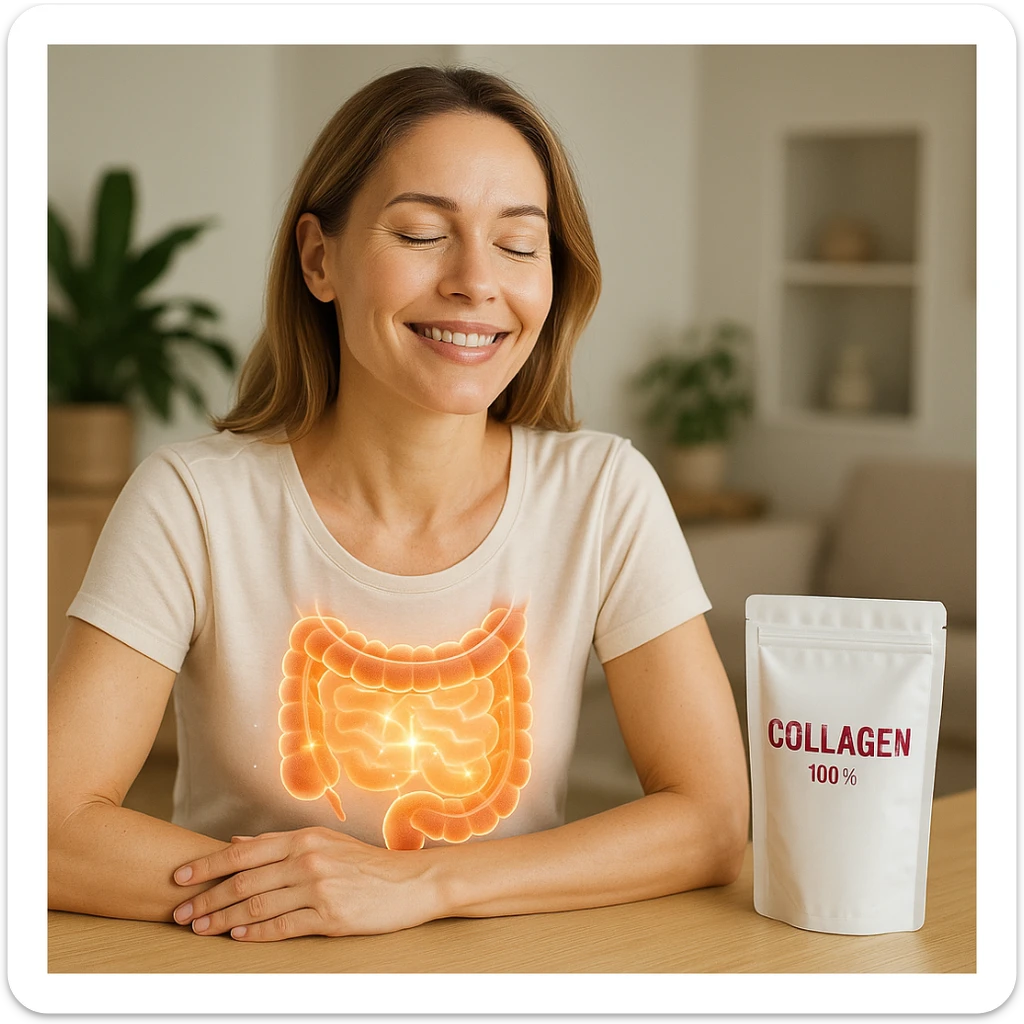 realistic image of a serene and radiant woman with a healthy intestine thanks to collagen, clinical details, positive atmosphere, domestic environment, visible collagen package sticker