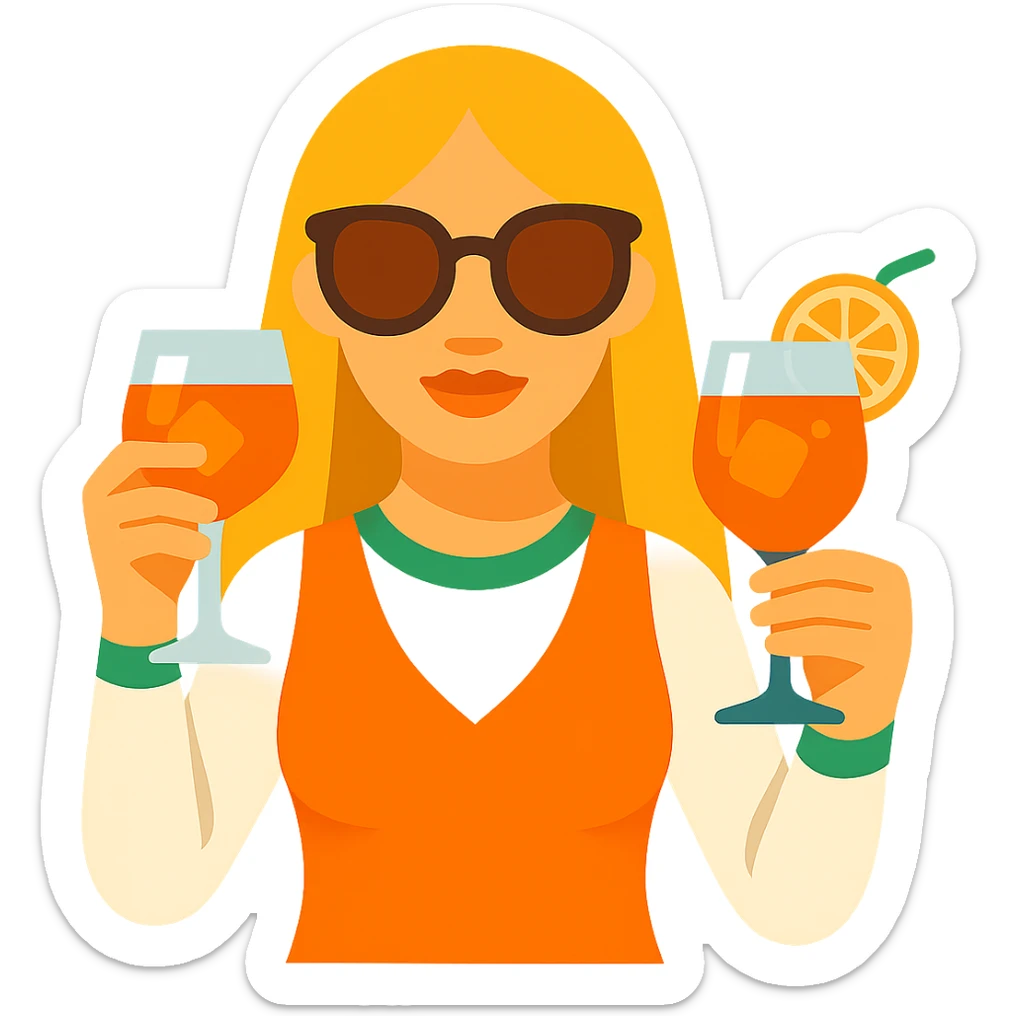 Add sunglasses to the Italian girl and make her hair dark blond, keep the Aperol Spritz and vibrant toon emoji style, with no background. sticker