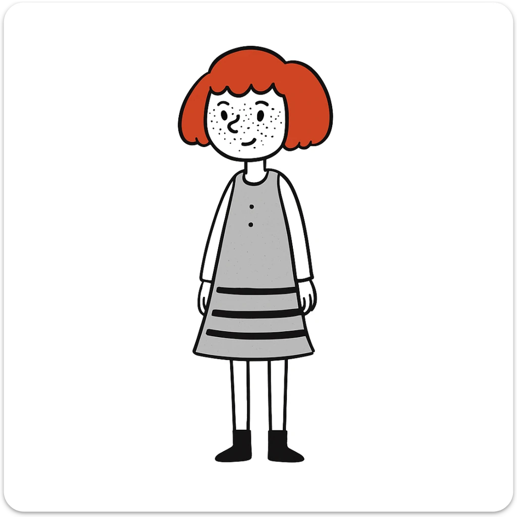 Add freckles to the girl's face, keep short red hair and flat chest, in a doodle style illustration. sticker