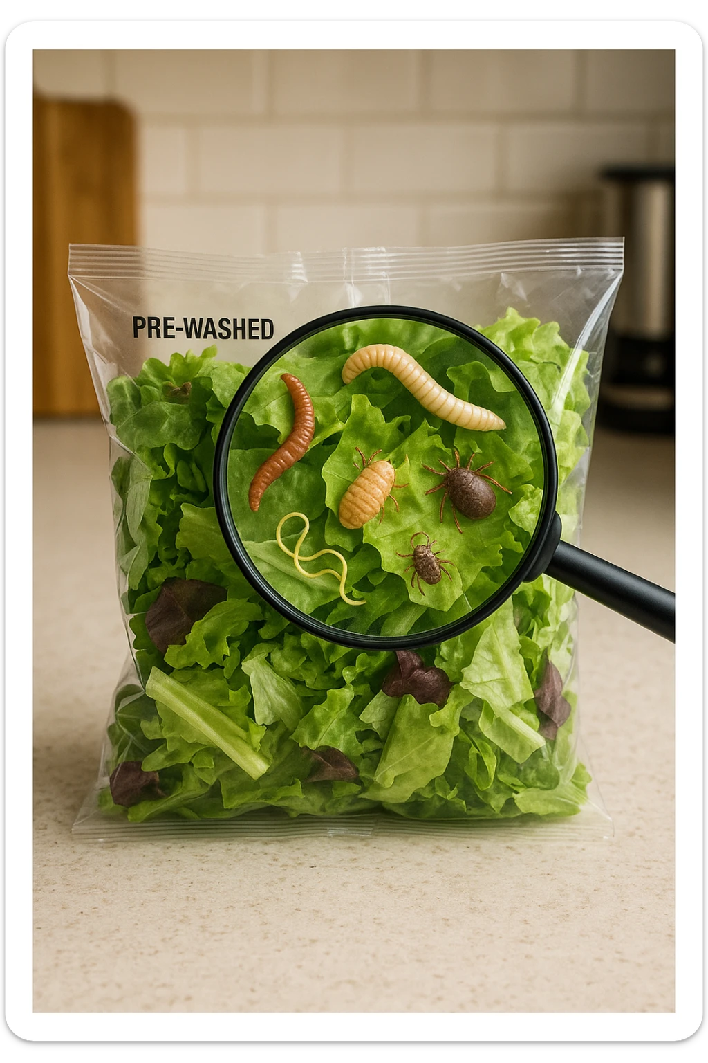 Insalata in busta ricca di pa transparent plastic bag of pre-washed salad sits on a kitchen counter. Through the bag, small, detailed images of various parasites (such as worms, larvae, or microscopic bugs) are visible among the lettuce leaves. A magnifying glass hovers over the bag, enlarging the parasites for emphasis. The mood is cautionary and educational.arassiti sticker