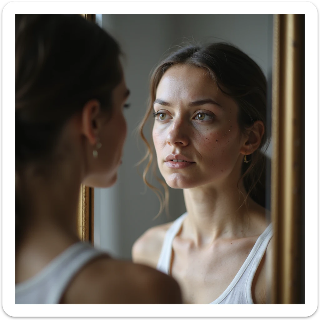 woman with PCOS looking at herself in the mirror, attention to facial hair areas and acne, thin hair, hyperrealistic 4K details, domestic environment sticker