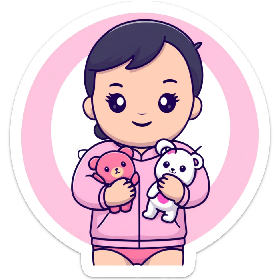 cute toddler girl with pastel pink clothes holding a pink teddy bear sticker