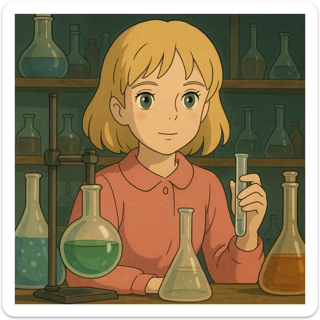 blonde girl with green-grey eyes, in pink clothes, surrounded by chemistry equipment, chemist style sticker