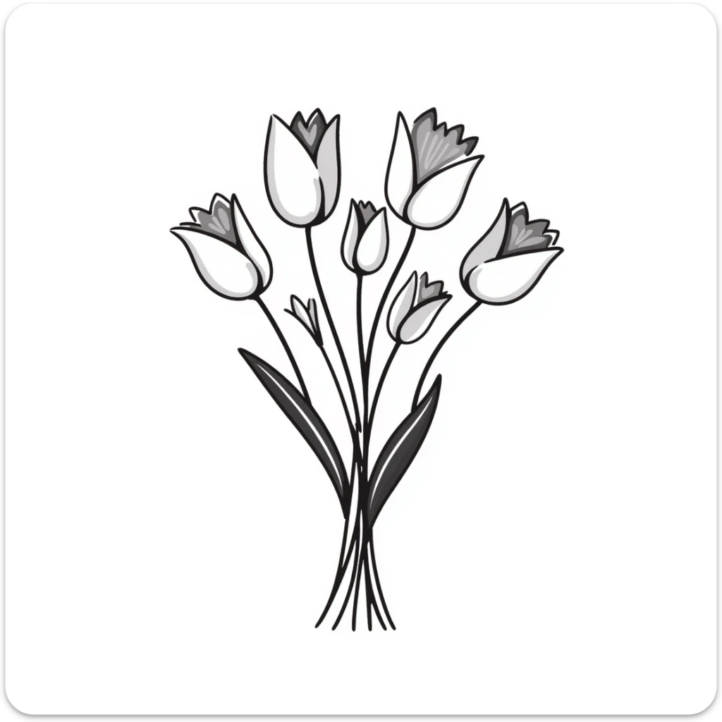 Bouquet of tulips with stems and leaves. Using specific pastel colors (dd9fb0, ffc6d3, a3bfc9, c4bee2, f1b091). Hand-drawn doodle style with delicate flower details. Multiple tulip blossoms in different stages of opening. Elegant floral design with transparent background. sticker