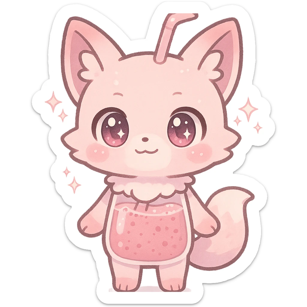 full-body chibi pastel pink fox-blender hybrid with transparent body showing smoothie inside, sparkling eyes, transparent background sticker
