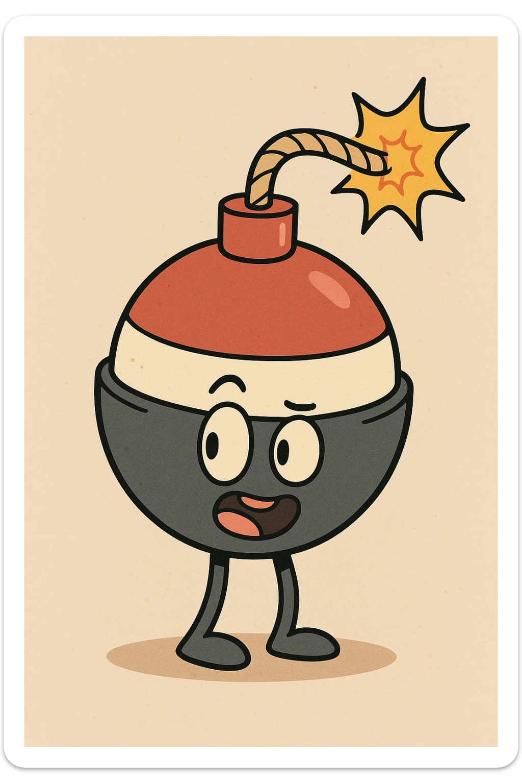 I.E.D. bomb with a fishing bobber top and a burning fuse, playful and clear design, flat toon style, cartoonish, bold outlines sticker