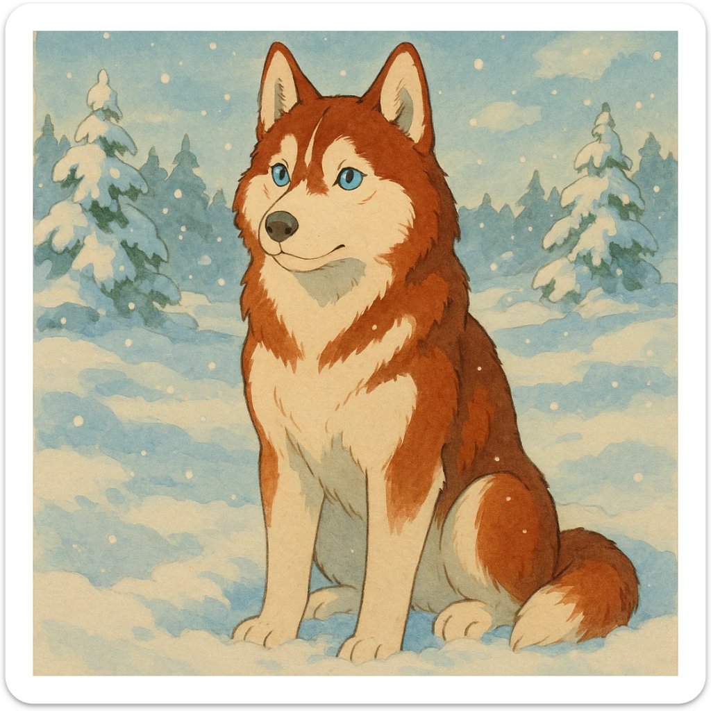 red siberian husky with blue eyes sitting in the snow sticker