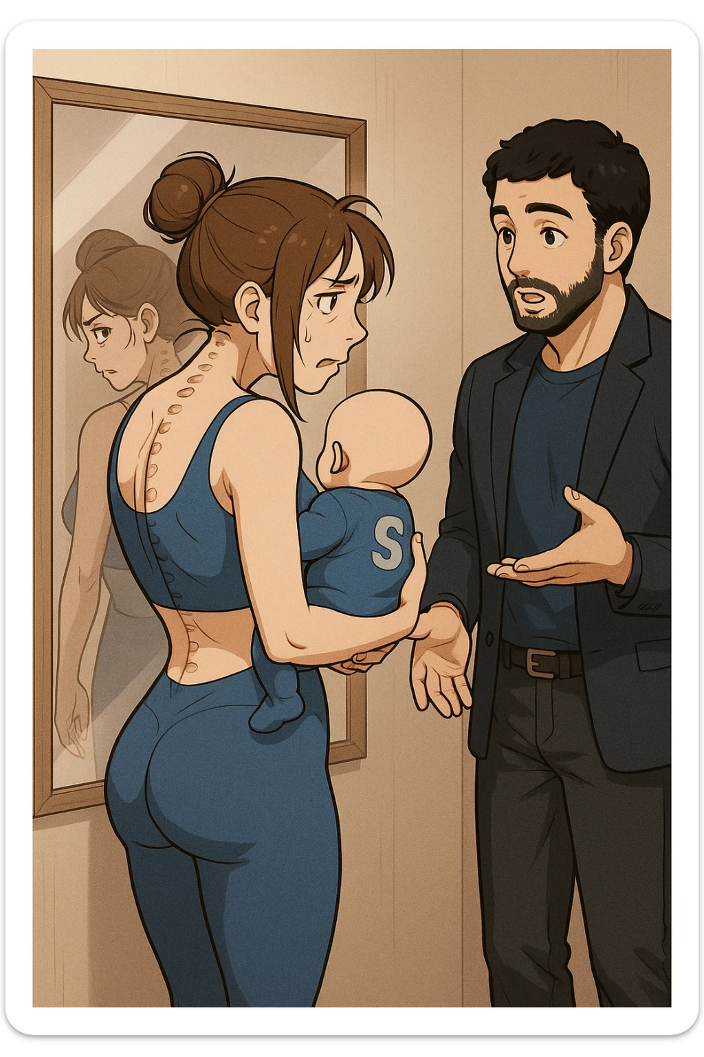 ispirati a questo stile di disegno e fai questa immagine in versione manga/webtoon a colori, il manga mostra la donna che si guarda alla specchio preoccupata di profilo con la postura sbagliata e incurvata, spalle chiuse e curve in avanti, con un neonato in braccio con una tutina azzurra e la scritta "S" sulla schiena, spina dorsale storta della donna in evidenza mentre al suo fianco anche l'uomo guarda la donna riflessa nello specchio e le spiega una cosa, ma non fare i fumetti, fai come se stessero parlando sticker