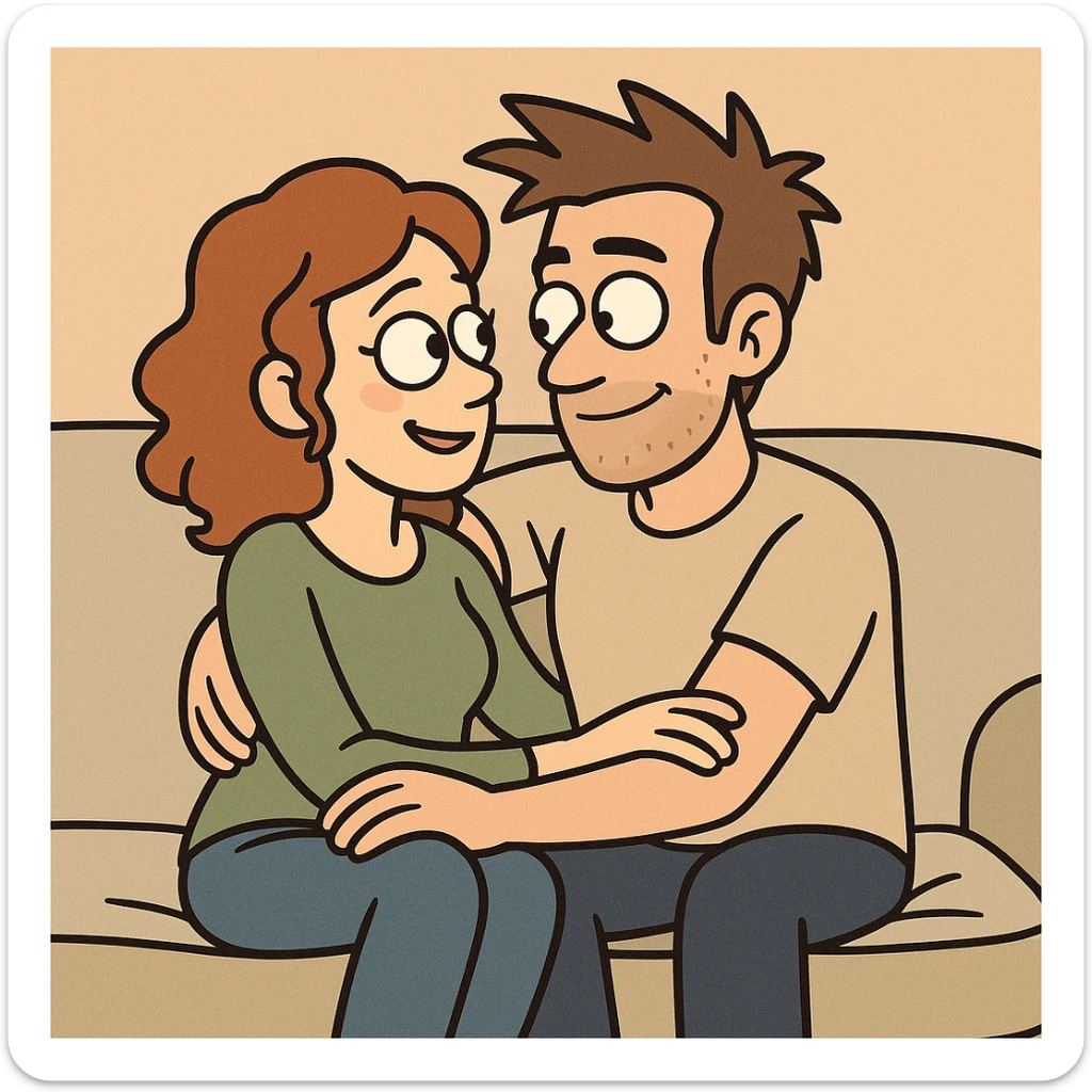 cartoon style illustration of a couple sitting close together, looking into each other's eyes, affectionate and cozy sticker