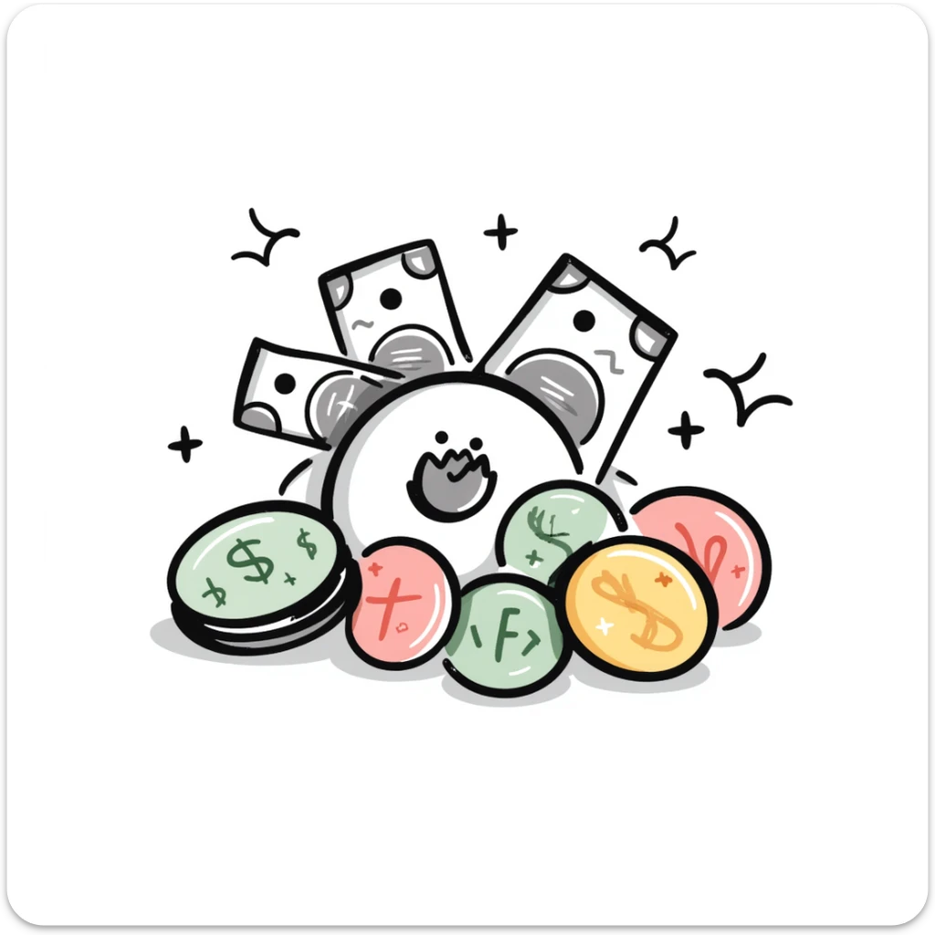 Money, cash, bills and coins in pastel colors (dd9fb0, ffc6d3, a3bfc9, c4bee2, f1b091), hand-drawn doodle style sticker