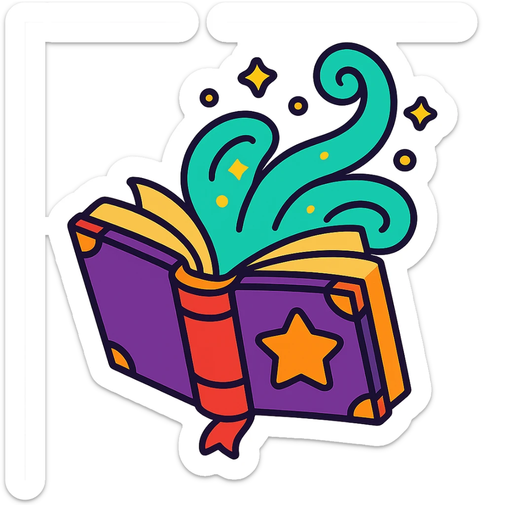 animated icon of a grimoire opening with swirling magical aura, lively and playful sticker