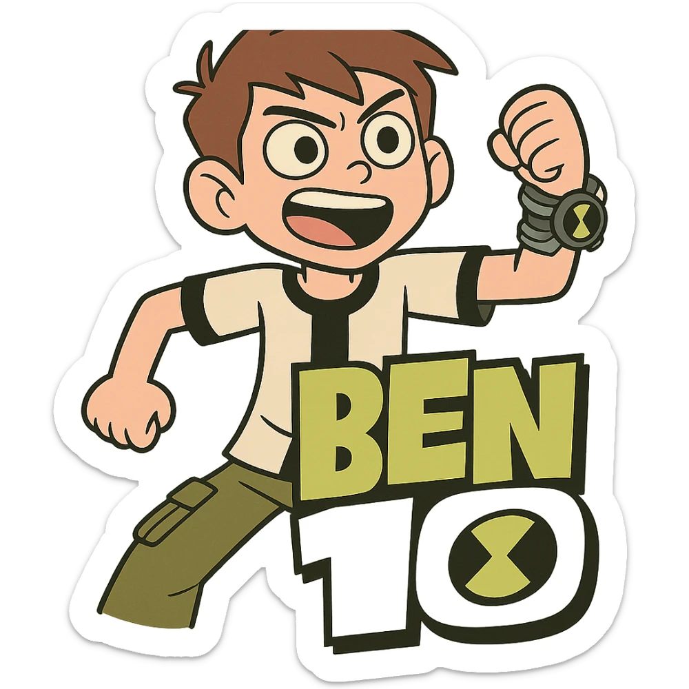 Ben 10 logo, bold green and black, cartoon style, energetic, suitable for a kids' show sticker