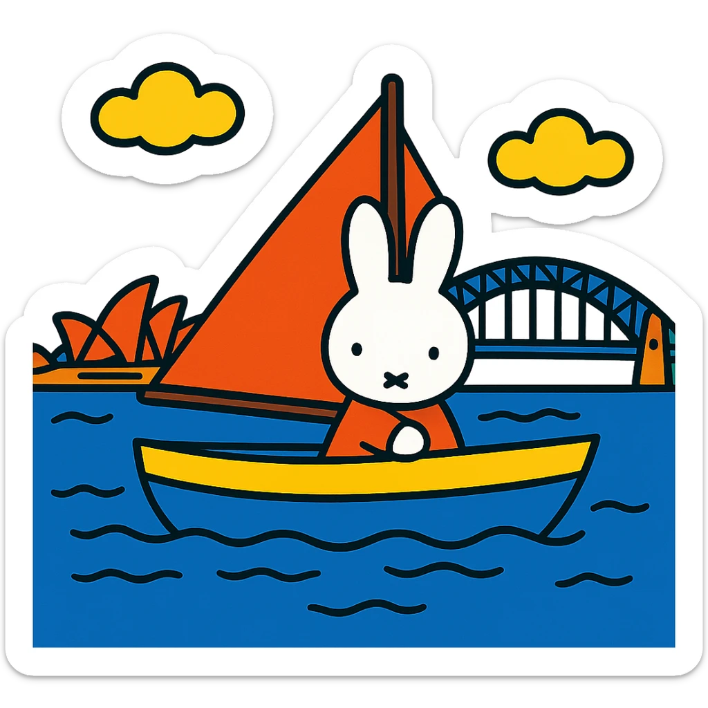 vibrant toon style Miffy in a boat on Sydney Harbour sticker