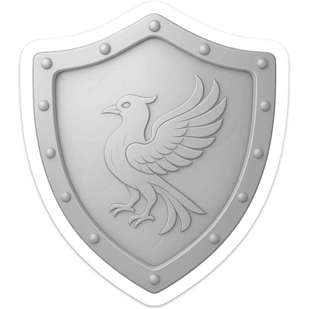 Add an elegant bird engraving in the center of the shield. The engraving should be very light silver, matching the style, color, and shading of the platebody. No gold or gems. The style is emoji style with a transparent background. Preserve the original look and feel of the platebody in the engraving. sticker
