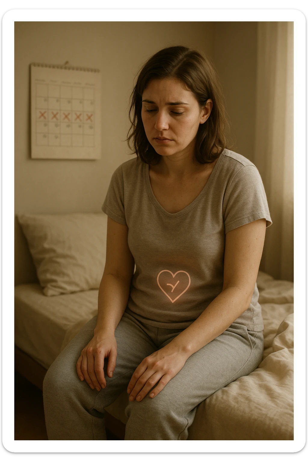 3D realistic medical illustration: a young woman in her 20s or 30s sits on the edge of a bed in a softly lit bedroom, looking thoughtful and slightly concerned. She wears comfortable loungewear, her posture is slouched, and her expression is subdued. Subtle visual cues—such as a faded calendar with missed menstrual cycles and a dimmed heart or energy icon near her abdomen—symbolize low libido and amenorrhea. The scene is realistic, intimate, and empathetic. sticker
