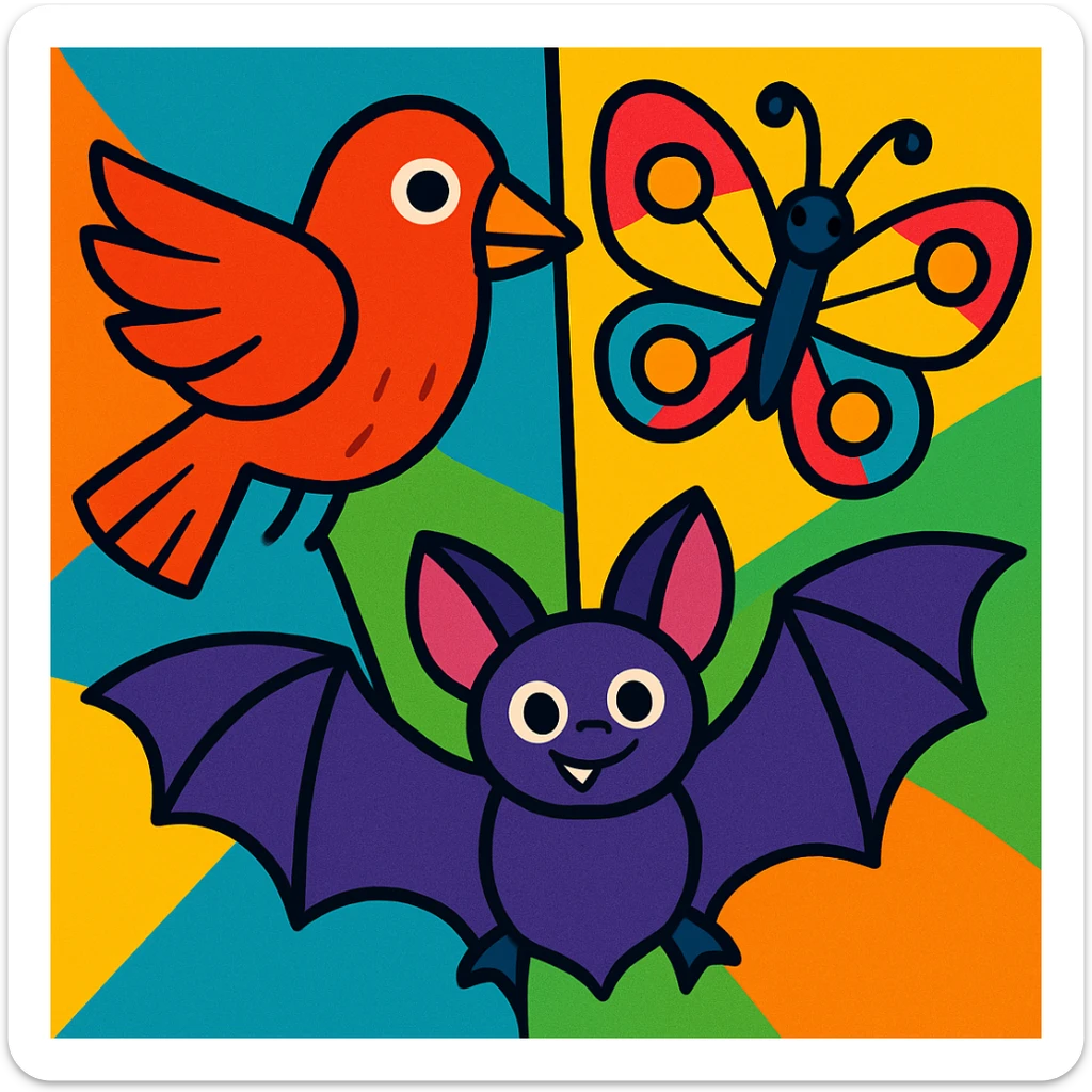 a group of animals with wings including a bird, a butterfly, and a bat in vibrant toon style sticker