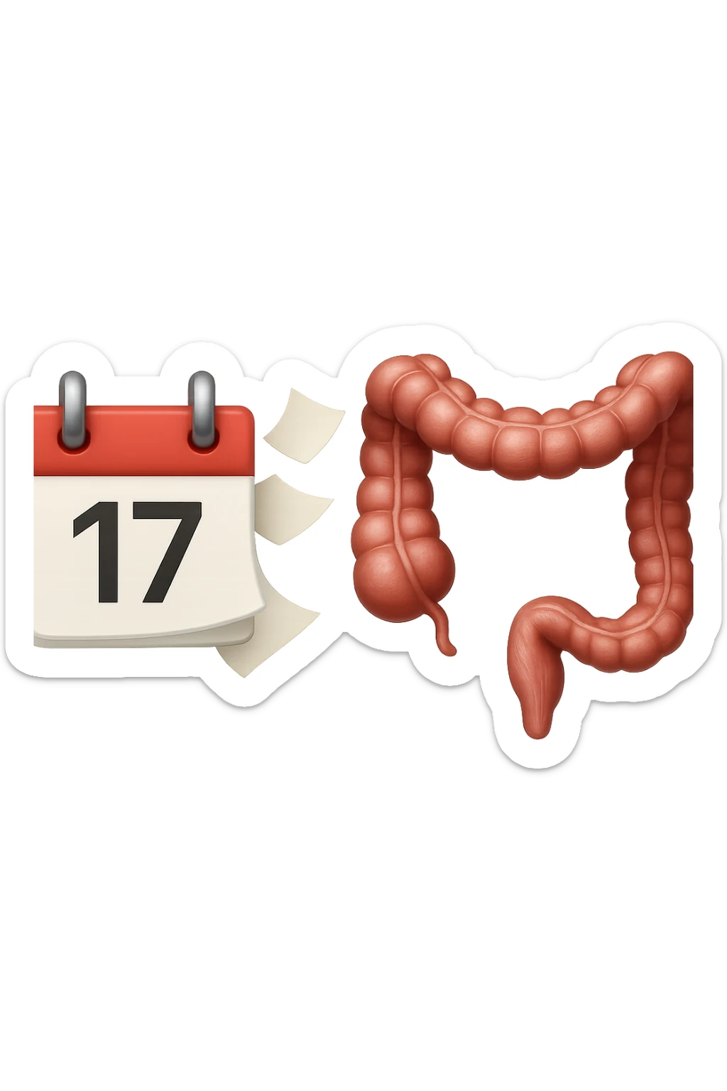 emoji stile iphone di un calendario con fogli che volano insieme a pezzi anatomici di colon umano, iperrealistico 4k, isolato su sfondo bianco sticker