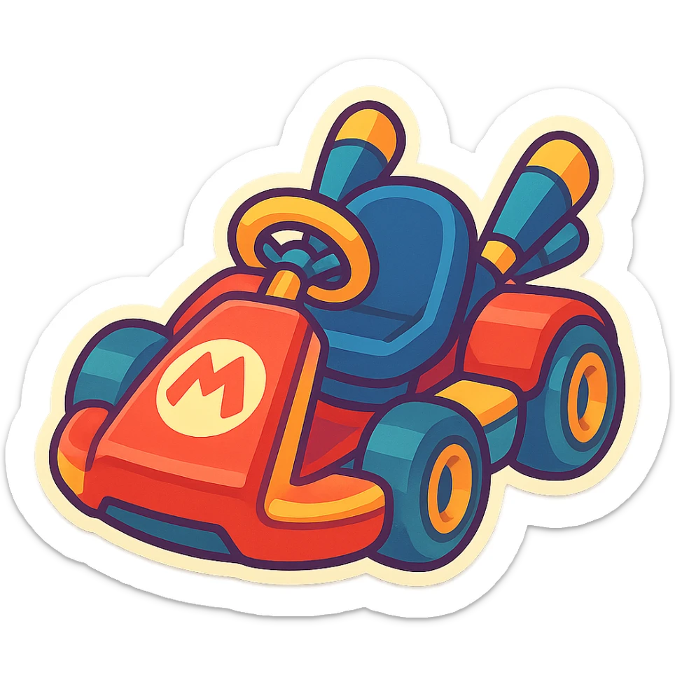 cartoon go-kart with bright colors, playful and energetic, inspired by Mario Kart 8 Deluxe sticker