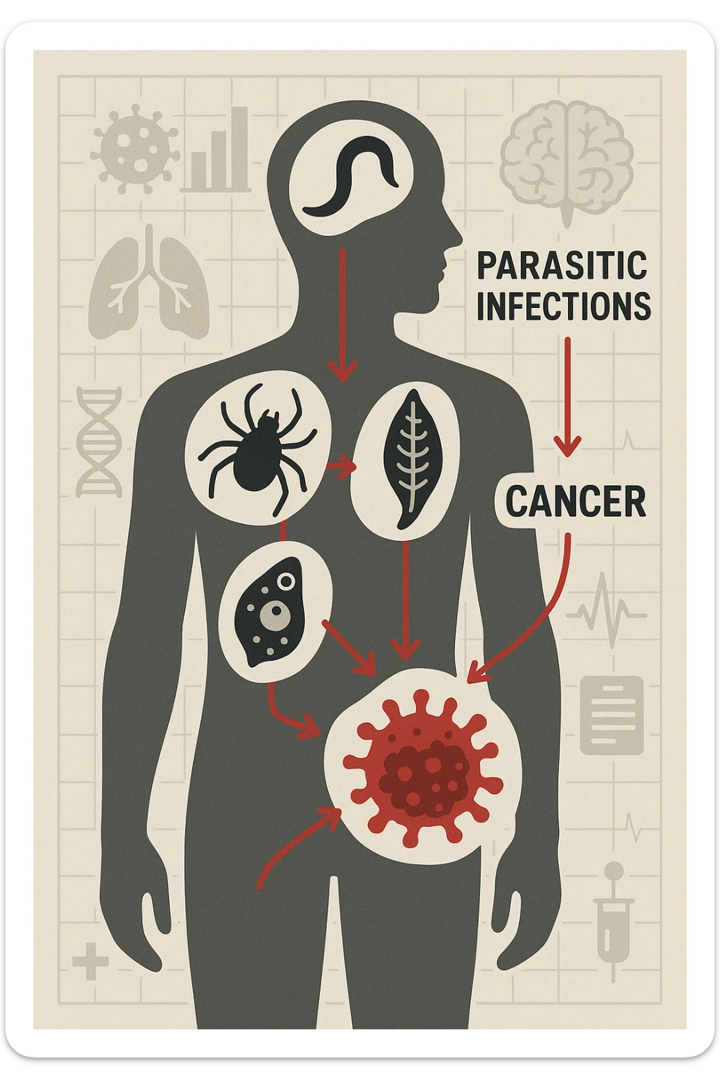 a man’s silhouette is filled with stylized images of parasites and tumor cells, connected by red lines or arrows to show cause and effect. The background features a medical chart or infographic about the dangers of untreated parasitic infections. The overall tone is serious and educational. scritto in italiano sticker