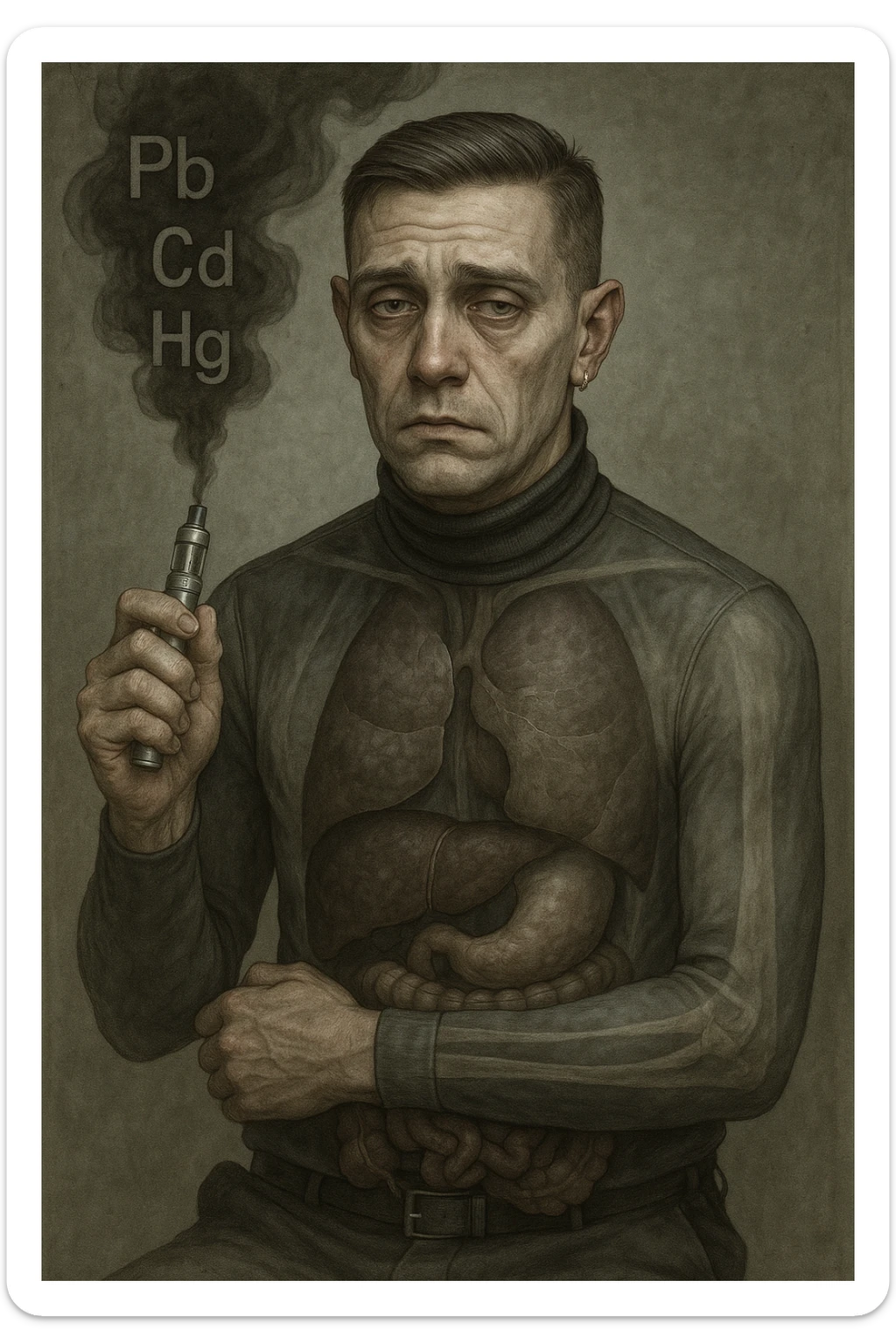 Realistic medical style illustration of a man aged 30-40 years with pale skin, dull eyes, and a tired face, inspired by the reference photo. He holds an electronic cigarette emitting dark smoke with chemical symbols Pb, Cd, Hg. His body is transparent showing dark liver and intestines. The atmosphere is gloomy with metallic colors, realistic medical style. sticker