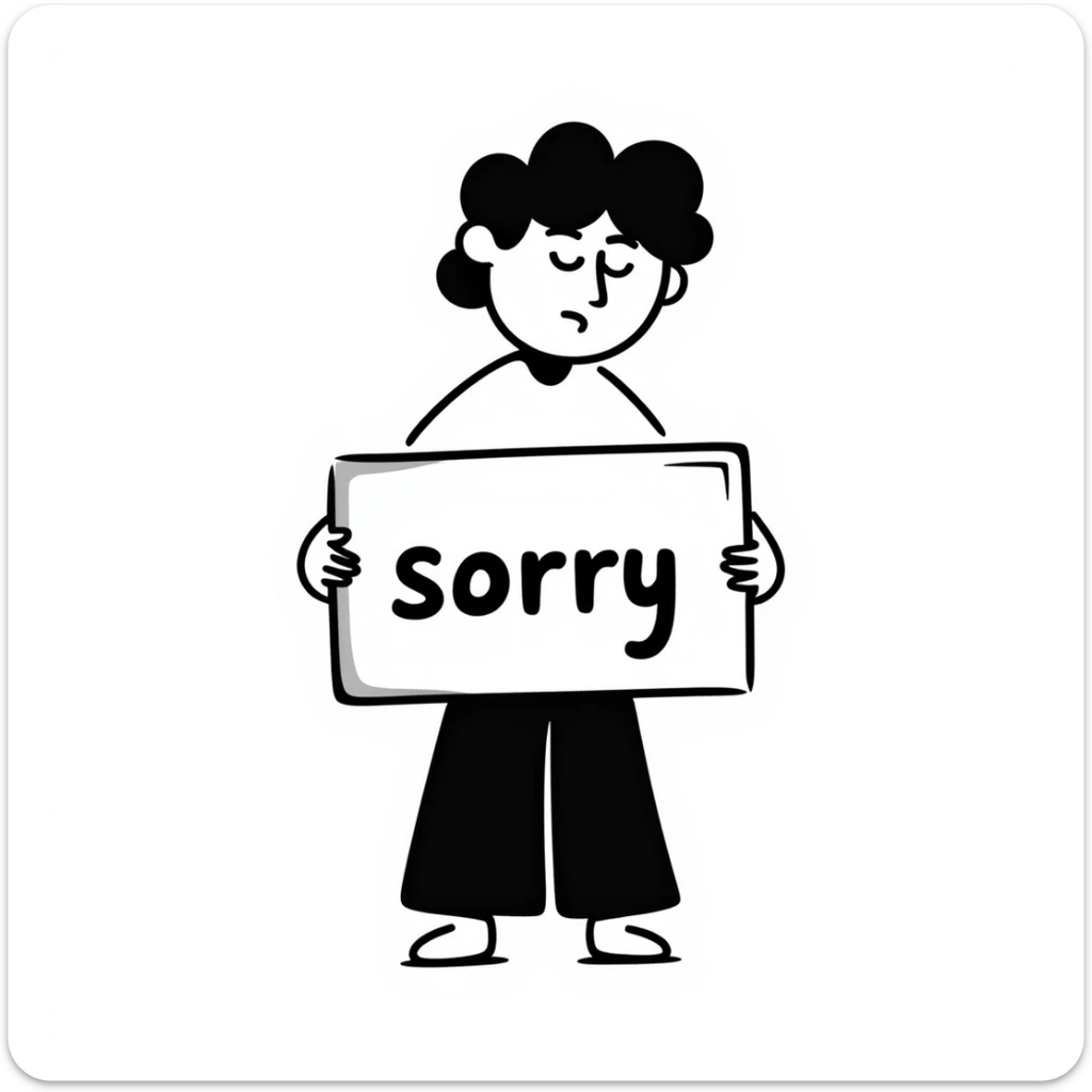 hand-drawn doodle of a sad figure holding a 'sorry' sign, exaggerated frown and slumped posture sticker