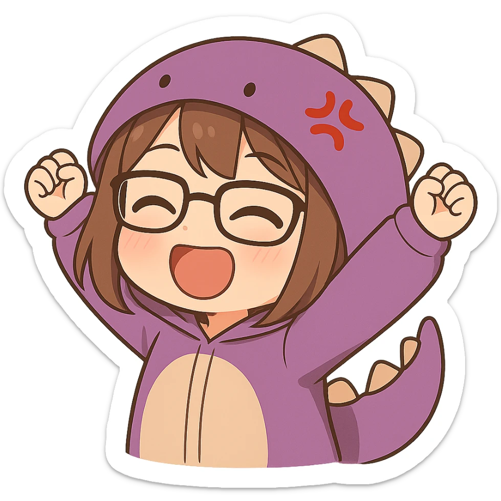 Chibi anime style gamer girl with glasses, brown hair, dark purple eyes, wearing a purple dinosaur costume, new pose with arms up in excitement, making a blushing expression, no controller, no background, same style as reference. sticker
