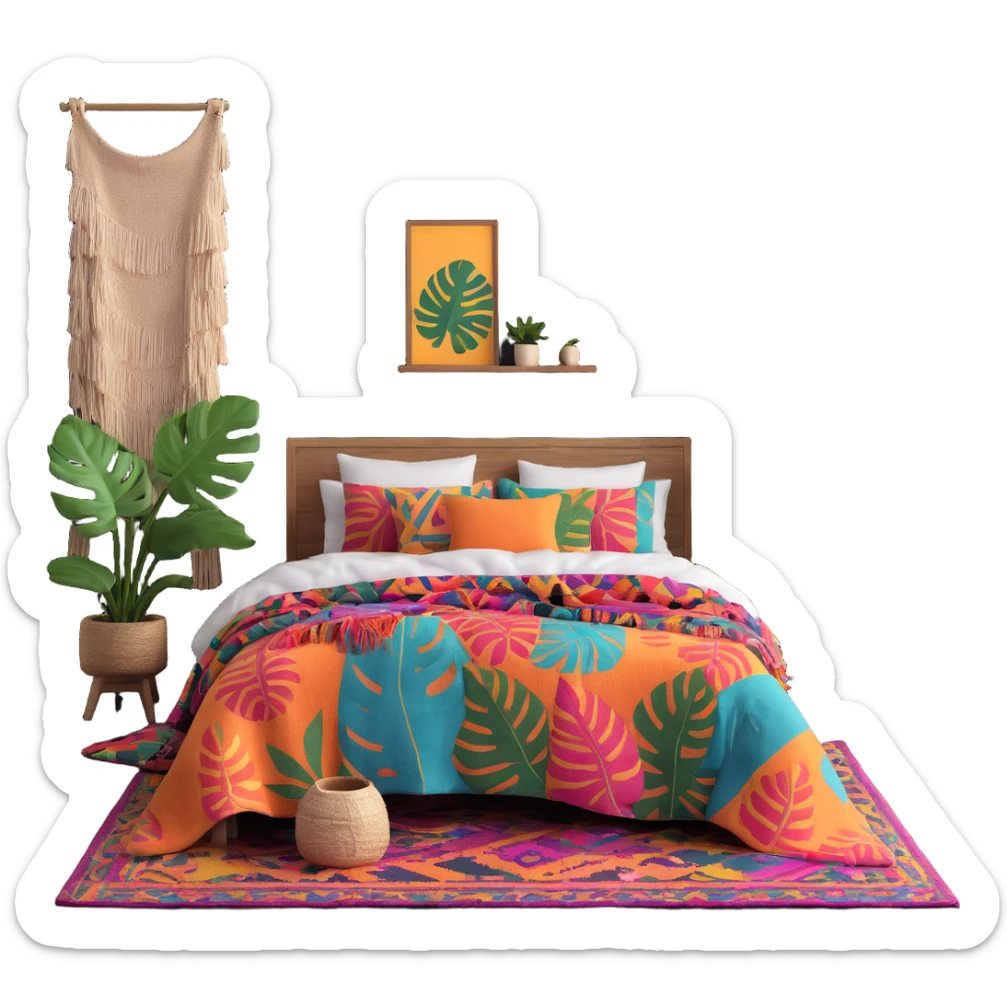 modern boho bedroom with monstera plants, colorful textured rugs, and piles of cozy blankets sticker
