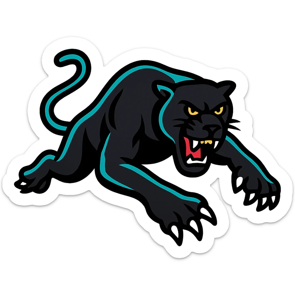 Penrith Panthers rugby league mascot, stylized panther, black and teal, energetic pose, modern sports logo style sticker