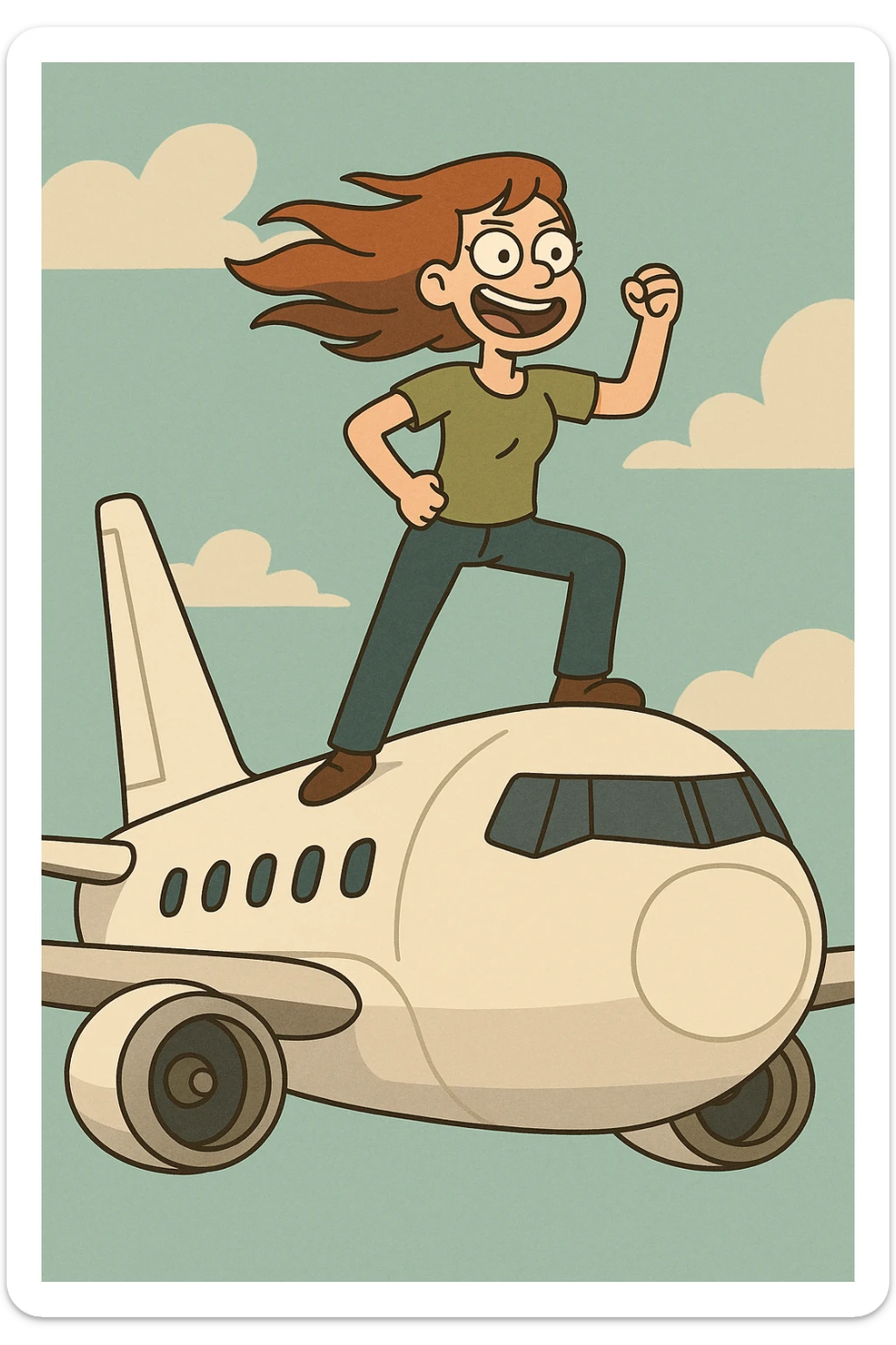 a girl standing triumphantly on top of an airplane, wind blowing her hair, cartoon style sticker