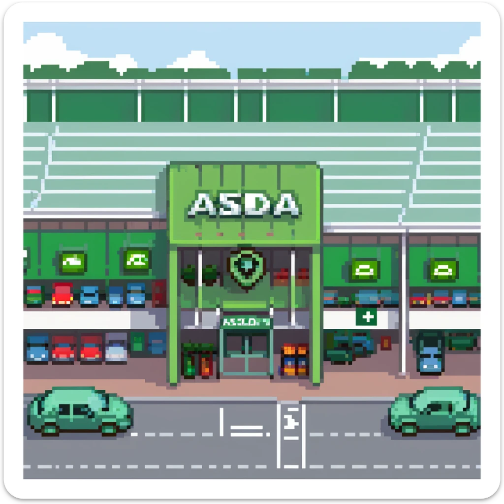 Isometric view of an ASDA supermarket building with green signage, large glass entrance, shopping trolleys bay, and car park with British cars sticker