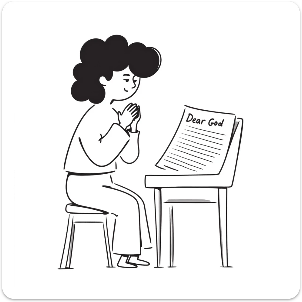 Person with prayer hands next to a paper that clearly shows "Dear God" written at the top of an essay sticker