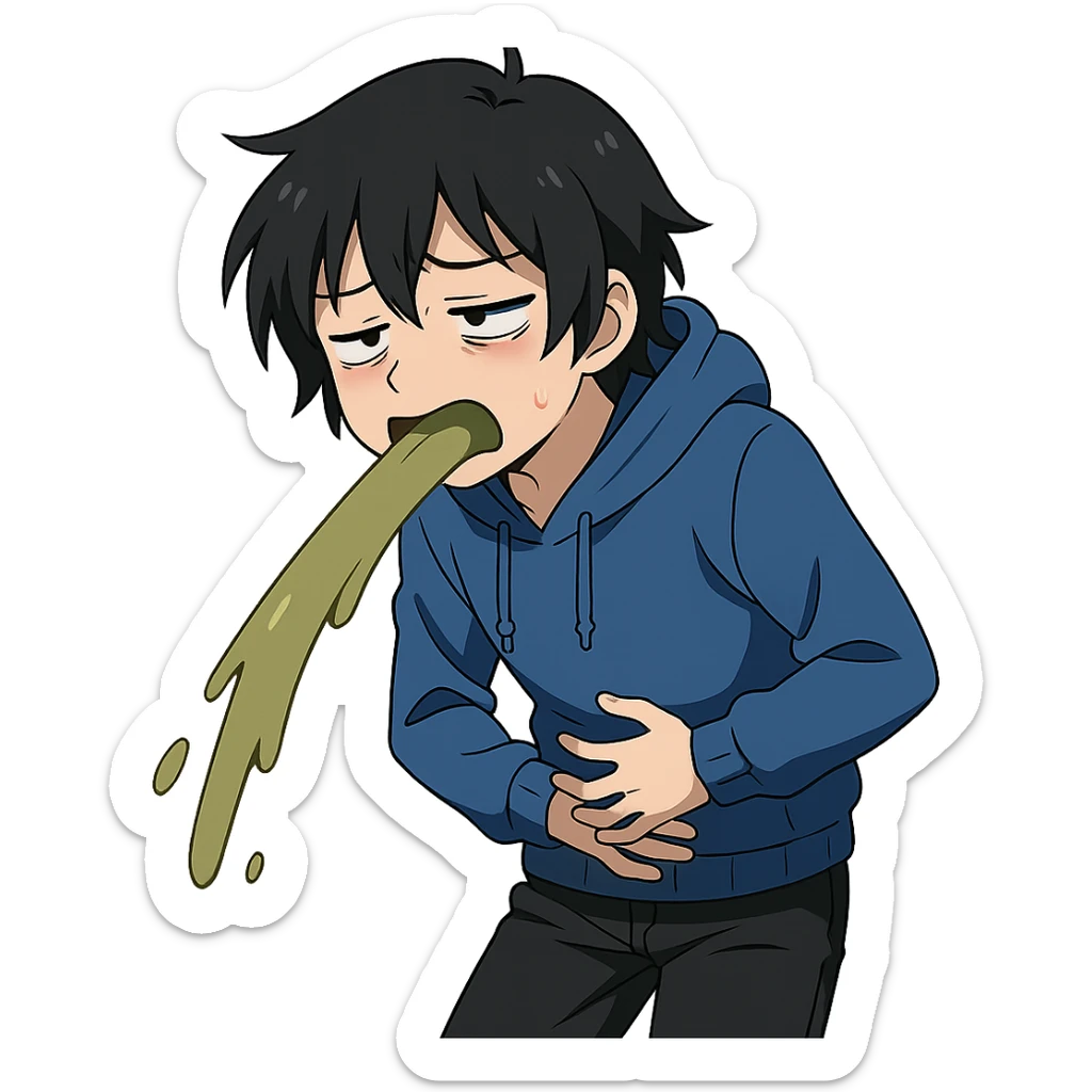 anime character with black hair, blue hoodie, black pants, sick and throwing up expression sticker