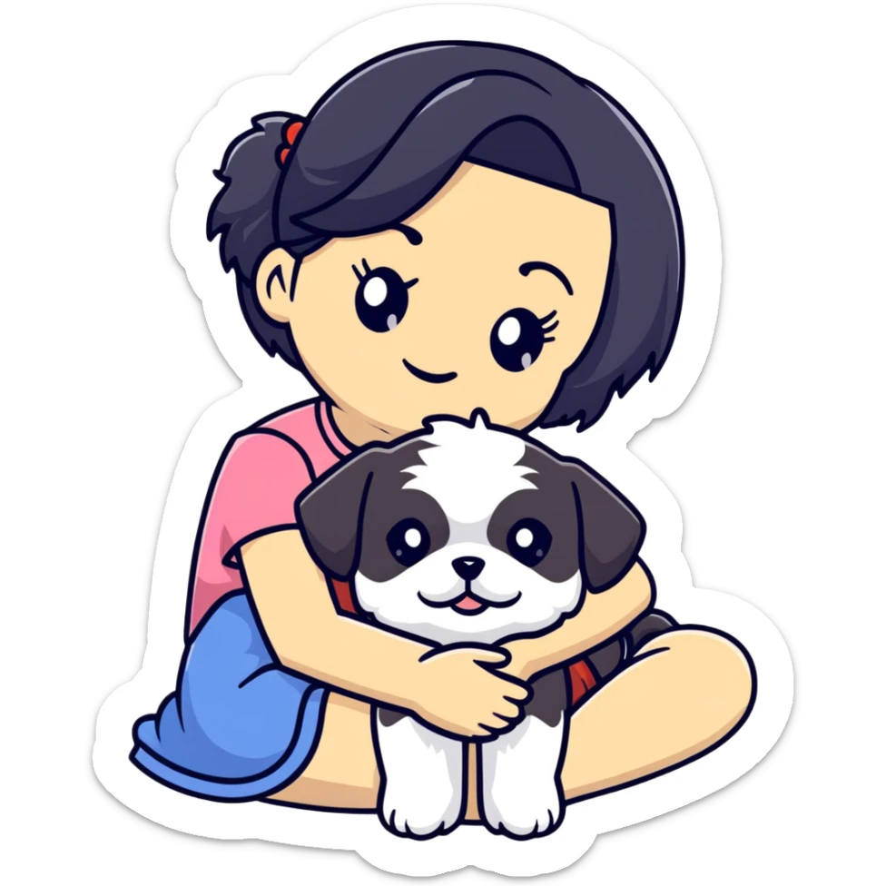 A girl with black hair hugging a Shih Tzu dog sticker