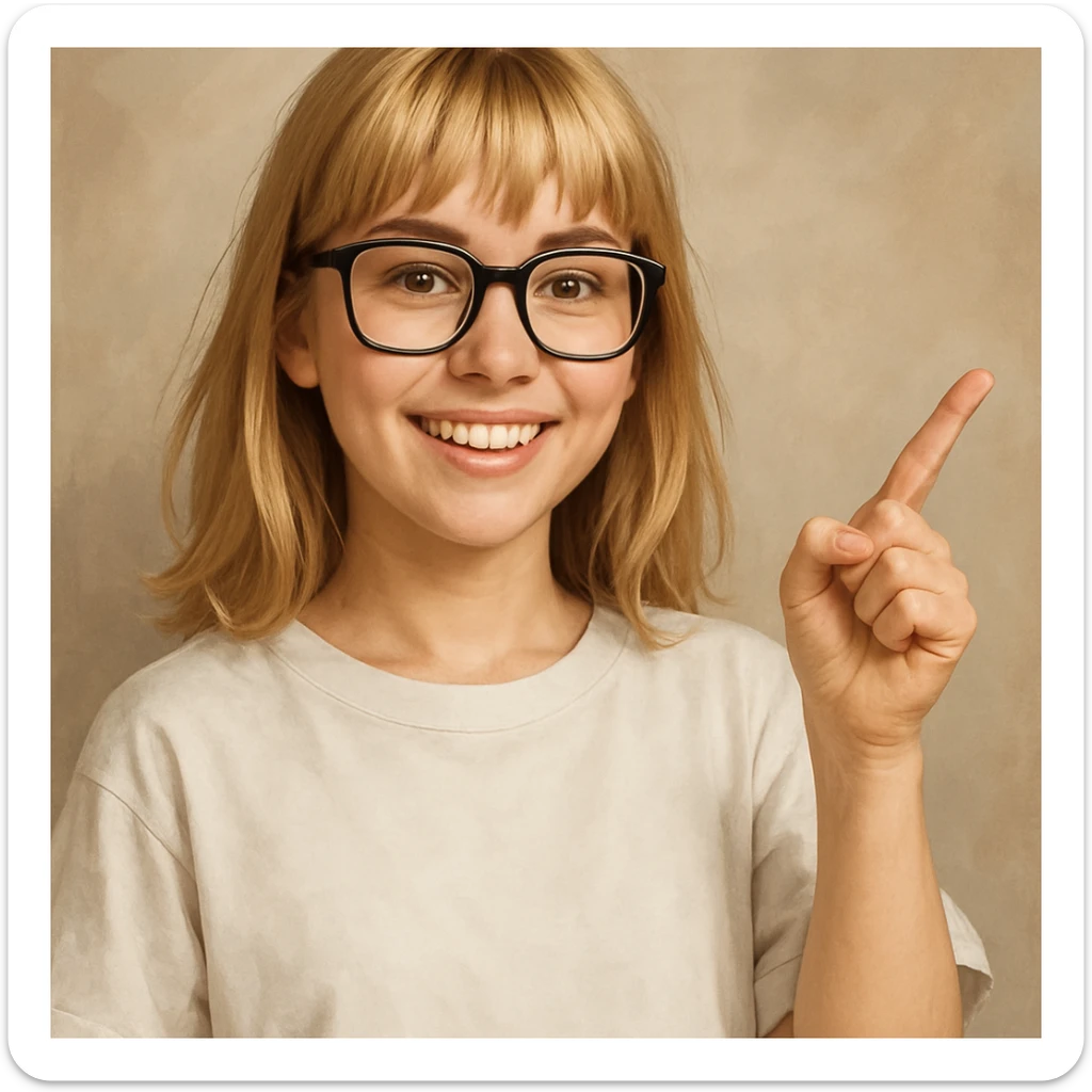 Smiling girl with blonde hair, bangs, and brown eyes, wearing black square glasses and a white oversized T-shirt, pointing her finger up to the right, semi-realistic digital art style sticker