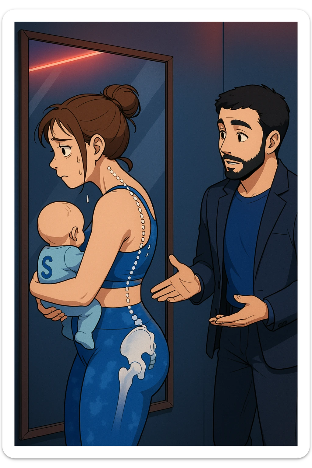 ispirati a questo stile di disegno e fai questa immagine in versione manga/webtoon a colori, il manga mostra la donna che si guarda alla specchio preoccupata di profilo con la postura sbagliata e incurvata, spalle chiuse e curve in avanti, con un neonato in braccio con una tutina azzurra e la scritta "S" blu sulla schiena, spina dorsale storta della donna in evidenza mentre al suo fianco anche l'uomo guarda la donna riflessa nello specchio e le spiega una cosa, ma non fare i fumetti, fai come se stessero parlando sticker