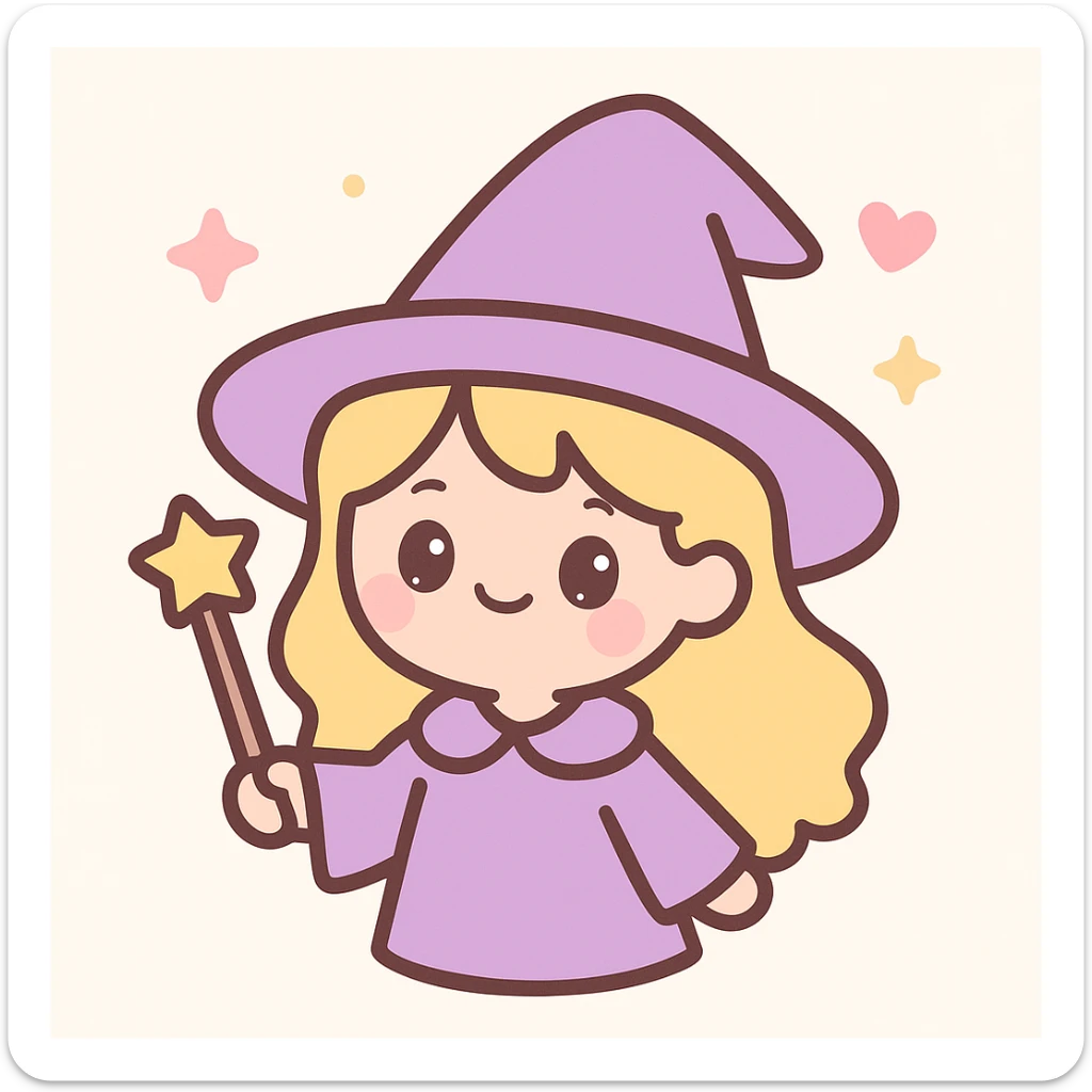 cute wizard girl with blonde hair and a purple wizard hat, charming illustration style, magical vibe, whimsical and playful expression sticker