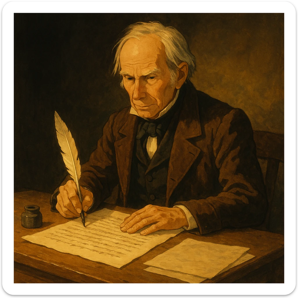 ghibli style historical painting of Henry Clay writing the Compromise of 1850 at a desk with parchment and quill, dramatic lighting sticker