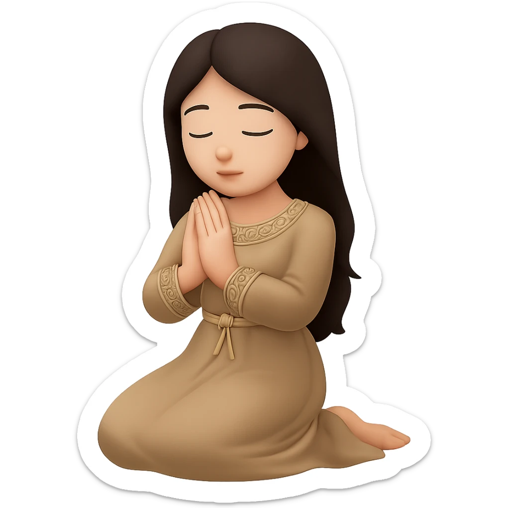 Change the dress color to tan, keep the woman kneeling and praying, long dark brown hair, emoji style, no background. The style should resemble emoji style with simple and clear features. sticker
