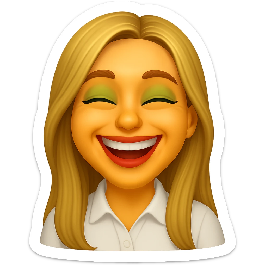 Create an image of a blonde person with long hair and swamp-like eyes laughing. The style should resemble the apple emoji style but without any apple logo or fruit elements. The background should be transparent. sticker
