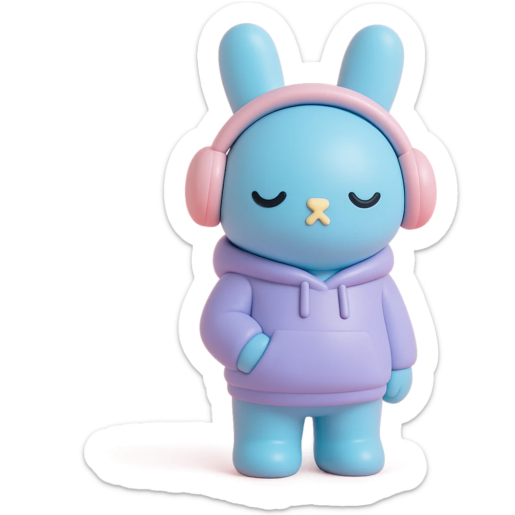 blue bunny in hoodie, one paw in pocket, headphones on, vinyl figure style sticker