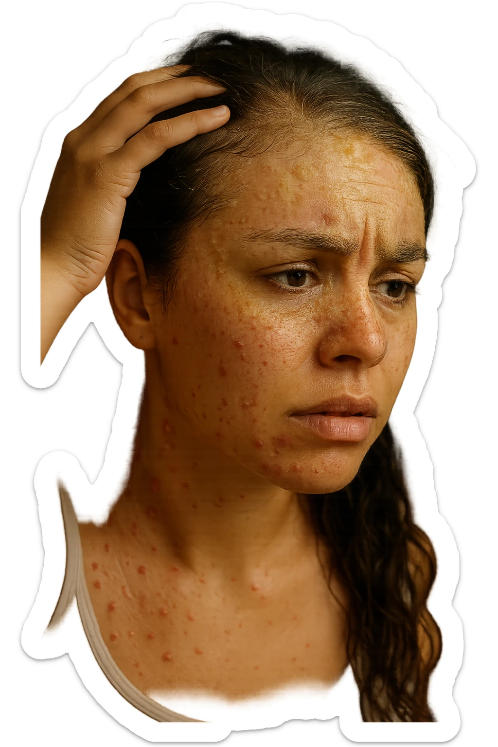 A highly realistic, cinematic close-up portrait of a young woman in her late 20s with medium skin tone, displaying visible folliculitis and seborrheic dermatitis. Small, red, inflamed follicular papules and pustules are scattered along her hairline, jawline, and upper neck, indicating folliculitis. Her scalp and areas around the nose and eyebrows show flaky, greasy yellowish scales, with redness and irritation, indicating seborrheic dermatitis. Her hair appears slightly greasy and clumps near the scalp, emphasizing excess sebum production. She gently touches her irritated scalp with concern while looking at herself in a softly lit bathroom mirror, expressing discomfort and frustration. The environment is neutral and clean, with daylight softly illuminating the scene to highlight the skin and scalp texture. The style is 35mm hyperrealistic, with warm neutral tones and shallow depth of field to maintain focus on her skin, inflammation, and emotional expression, visually explaining the physical discomfort and aesthetic concerns of living with folliculitis and seborrheic dermatitis sticker