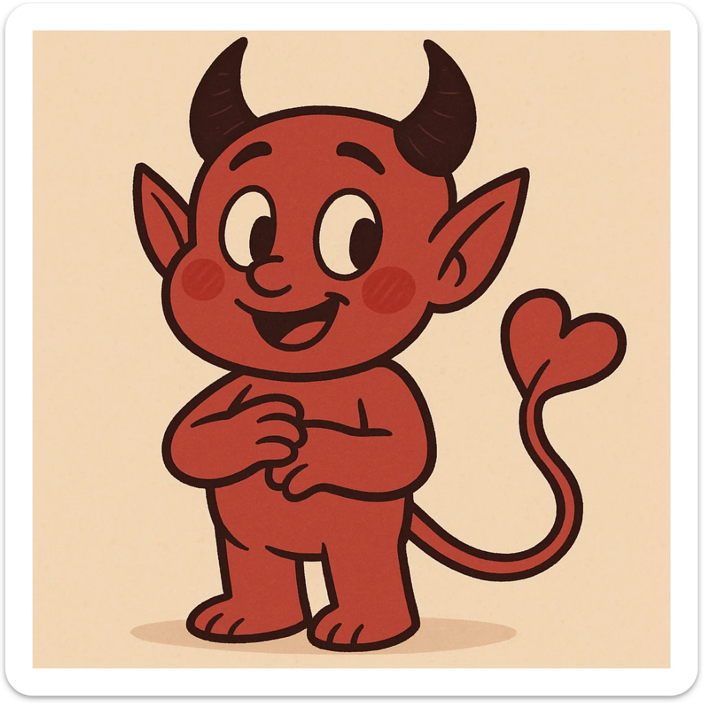 cute devil with heart-shaped tail, blushing cheeks, friendly look, cartoon style sticker