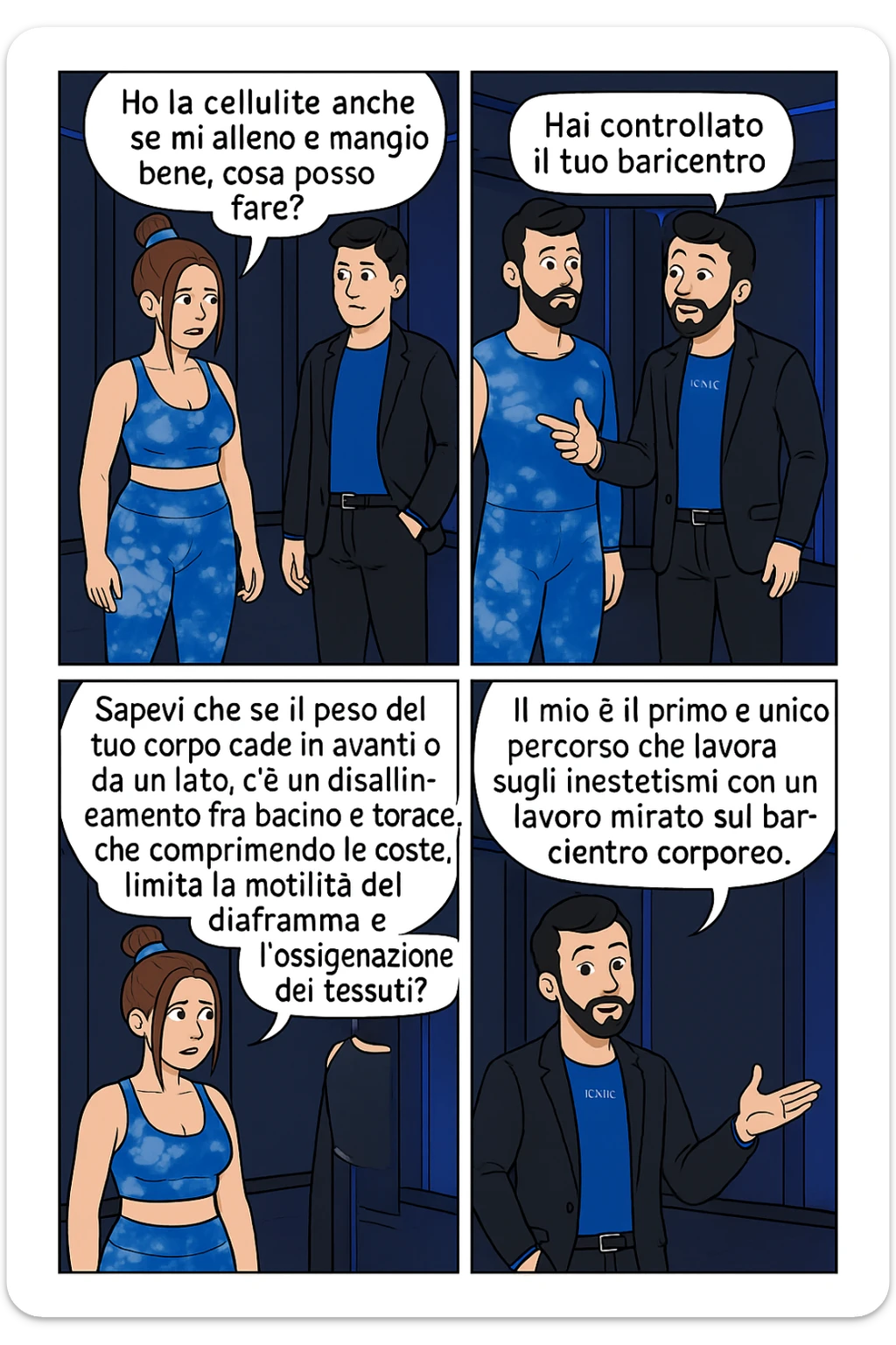 TRASFORMA QUESTO CAROSELLO IN UN FUMETTO CON QUESTE DUE PERSONE IDENTICHE CHE INTERLOQUISCONO TRA LORO:

LEI: Ho la cellulite anche se mi alleno e mangio bene, cosa posso fare?

LUI: Hai controllato il tuo baricentro corporeo?
LUI: Sapevi che se il peso del tuo corpo cade in avanti o da un lato, c’è un disallineamento fra bacino e torace, che comprimendo le coste, limita la motilità del diaframma e l’ossigenazione dei tessuti?
LUI: Il mio è il primo e unico percorso che lavora sugli inestetismi con un lavoro mirato sul baricentro corporeo. sticker
